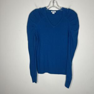 Sundance Women's Sweater V-neck Teal Blue Lambswool Cashmere Puff Shoulder Small